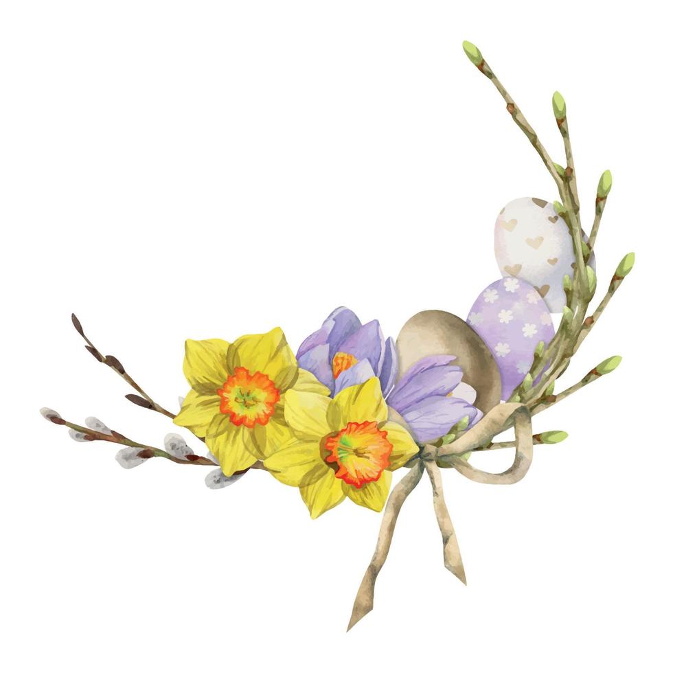 acuarela dibujada a mano celebración de pascua clipart. corona circular con huevos, conejitos, flores de azafrán de narciso, hojas. aislado sobre fondo blanco. invitaciones, regalos, tarjetas de felicitación, impresión, textil vector