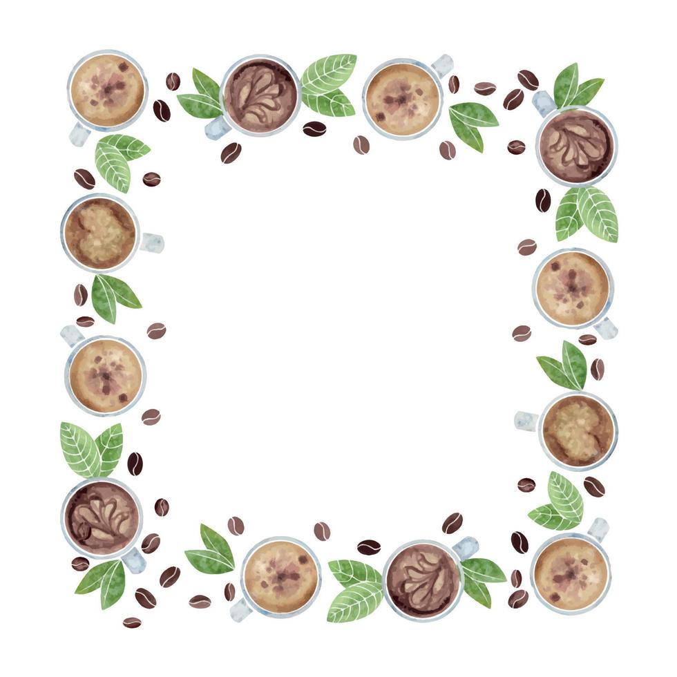 Watercolor hand drawn border frame with capuccino coffee cups, fresh and roasted beans, green leaves. Isolated on white background. For invitations, cafe, restaurant food menu, print, website, cards vector