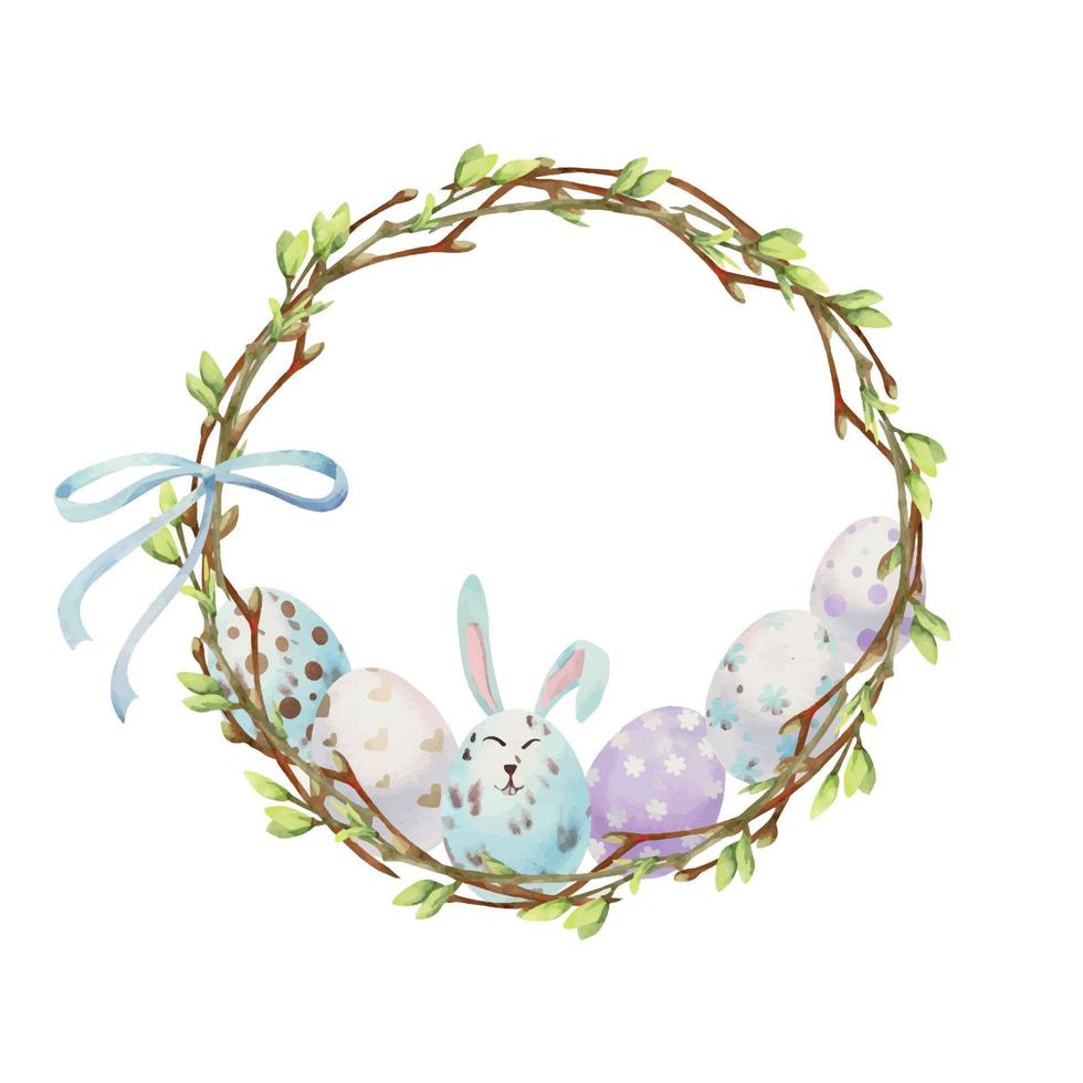 Watercolor hand drawn Easter celebration clipart. Pastel circle wreath with eggs, bunnies, bows and branches. Isolated on white background Design for invitations, gifts, greeting cards, print, textile vector