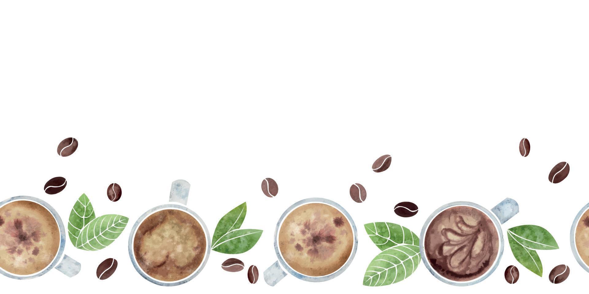 Watercolor hand drawn horizontal seamless banner with capuccino coffee cups, leaves, roasted beans. Isolated on white background. For invitations, cafe, restaurant food menu, print, website, cards vector