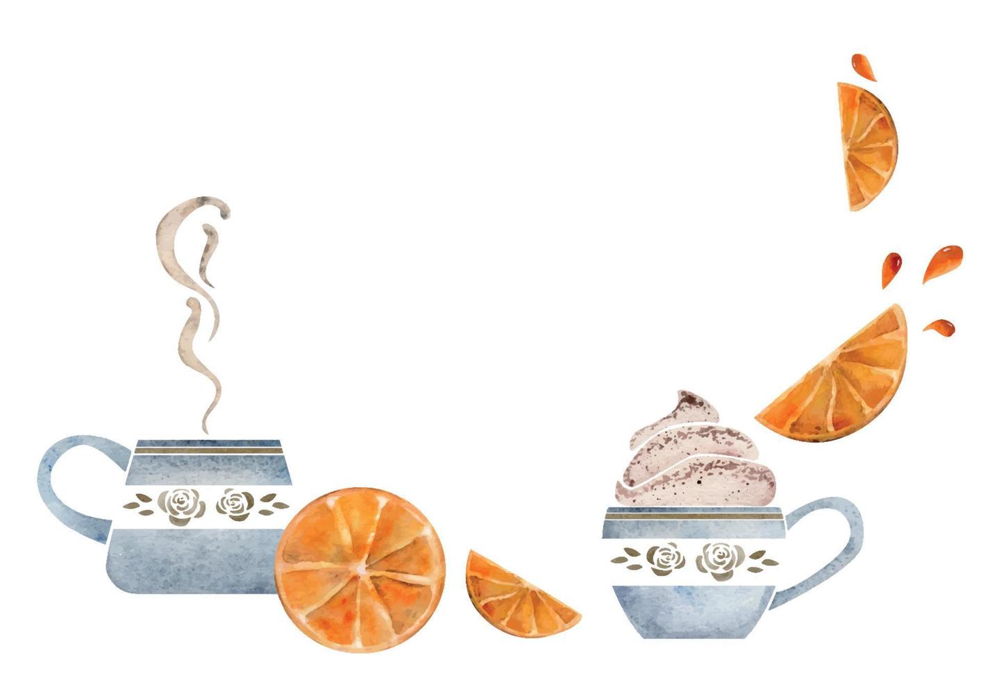 Watercolor hand drawn composition with capuccino porcelain and gold coffee cups, cinnamon, orange. Isolated on white background. For invitations, cafe, restaurant food menu, print, website, cards vector