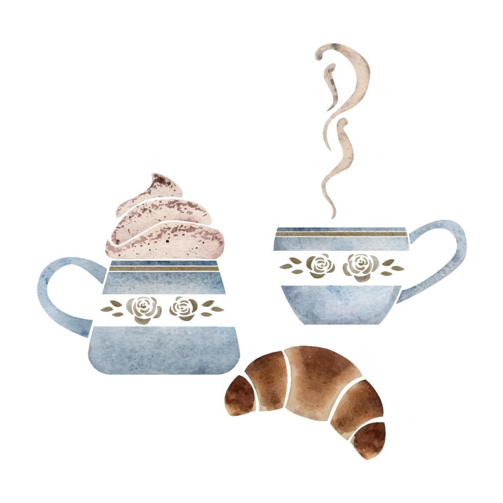 Watercolor hand drawn composition with capuccino porcelain and gold coffee cups, croissants. Isolated on white background. For invitations, cafe, restaurant food menu, print, website, cards vector