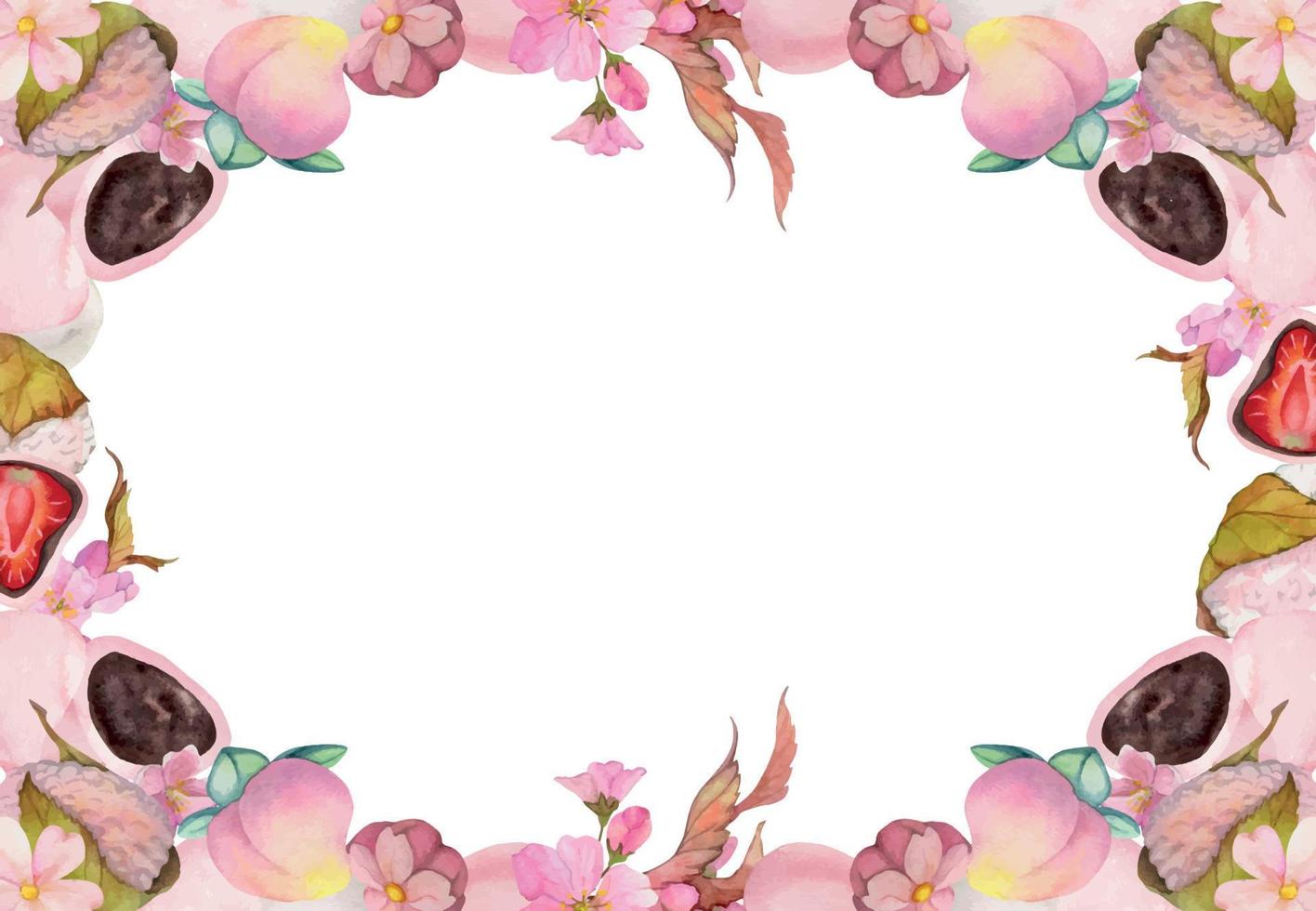 Watercolor hand drawn traditional Japanese sweets. Square frame of spring wagashi with sakura. Isolated on white background. Design for invitations, restaurant menu, greeting cards, print, textile vector