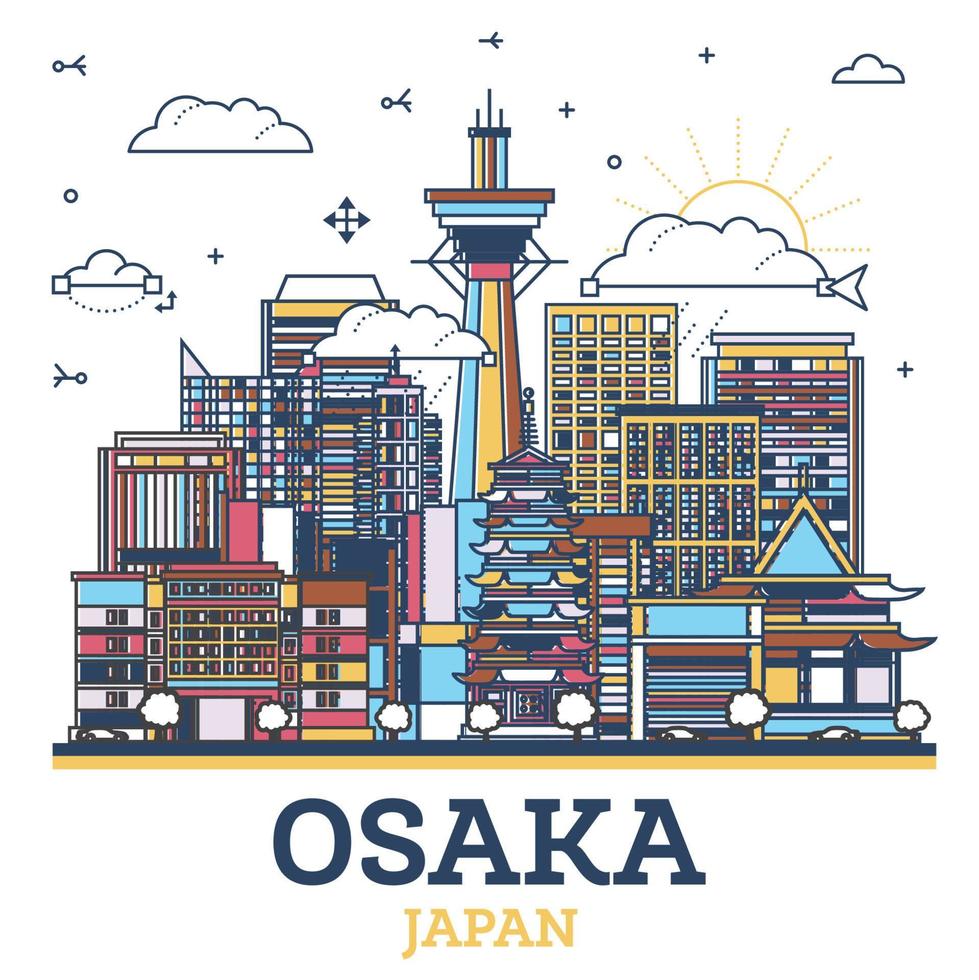 contorno Osaka Japón ciudad horizonte con moderno de colores edificios aislado en blanco. Osaka paisaje urbano con puntos de referencia vector