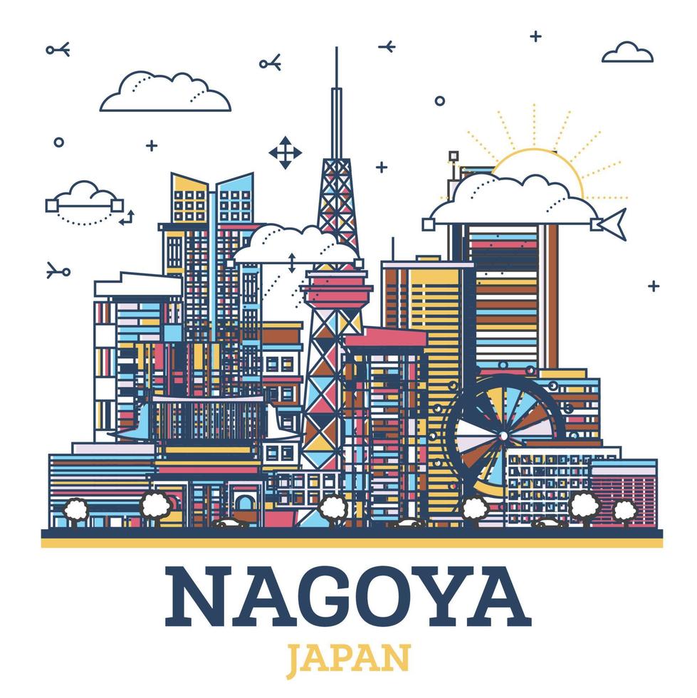 Outline Nagoya Japan City Skyline with Modern Colored Buildings Isolated on White. Nagoya Cityscape with Landmarks. vector