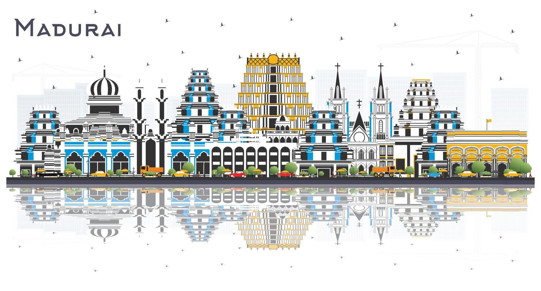 madurai India ciudad horizonte con color edificios y reflexiones aislado en blanco. vector ilustración.