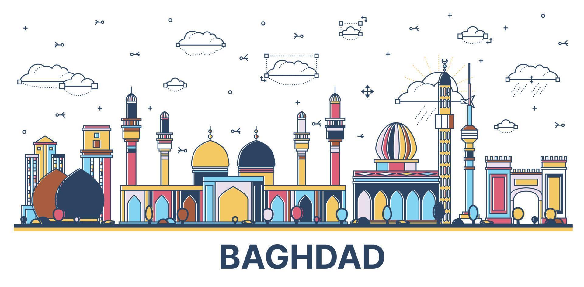Outline Baghdad Iraq City Skyline with Colored Historic Buildings Isolated on White. Vector Illustration.