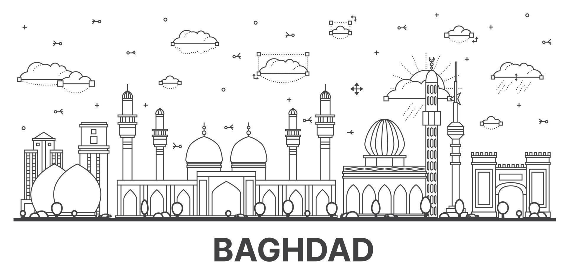 Outline Baghdad Iraq City Skyline with Historic Buildings Isolated on White. Vector Illustration.