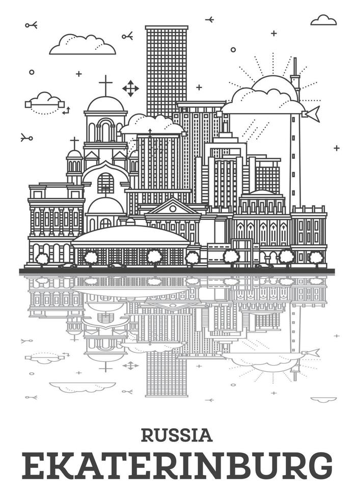 Outline Yekaterinburg Russia City Skyline with Modern Buildings and Reflections Isolated on White. vector