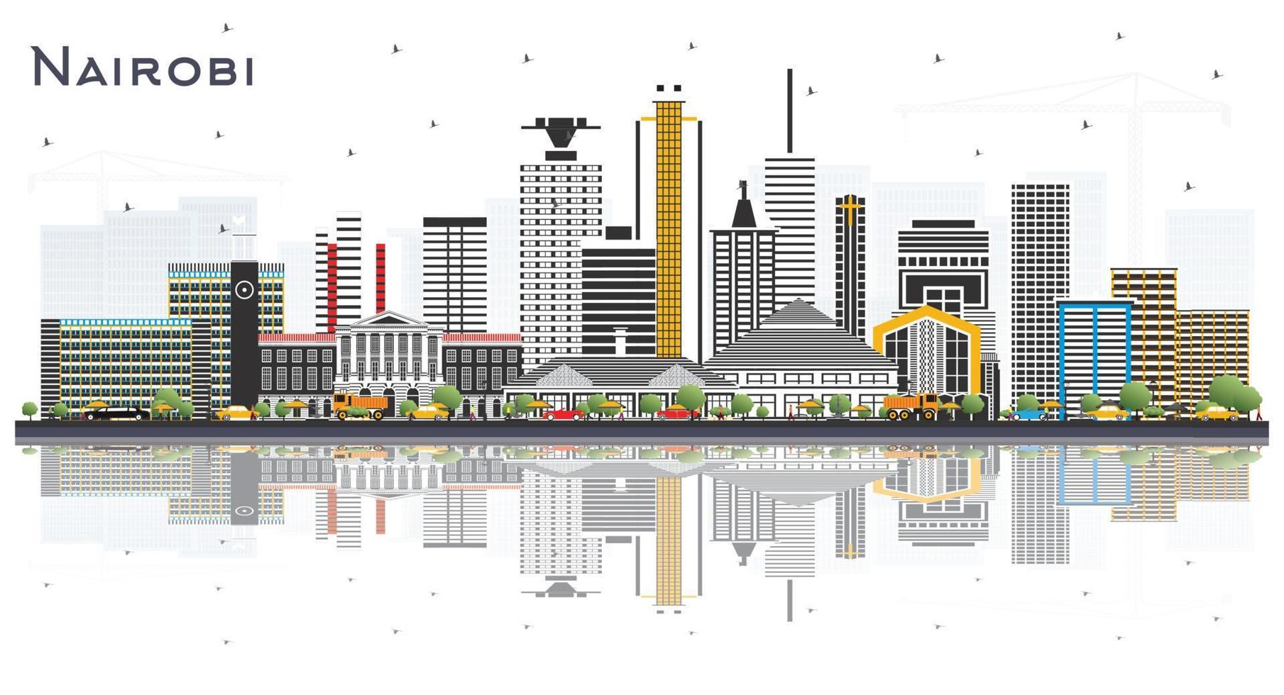 Nairobi Kenya City Skyline with Color Buildings and Reflections Isolated on White. vector