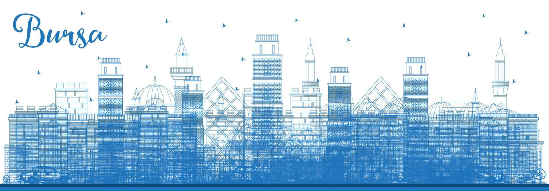 Outline Bursa Turkey City Skyline with Blue Buildings. Vector Illustration. Business Travel and Concept with Historic Architecture.