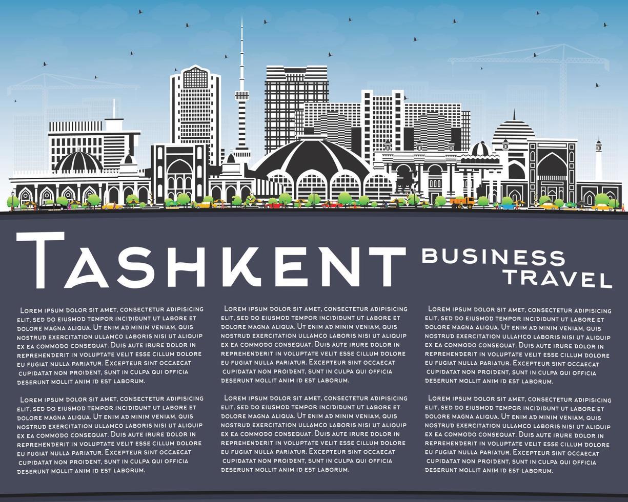 Tashkent Uzbekistan City Skyline with Color Buildings, Blue Sky and Copy Space. Vector Illustration. Tashkent Cityscape with Landmarks.