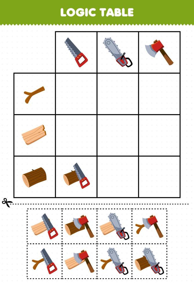 Education game for children logic table cartoon saw axe and chainsaw match with correct wood log printable tool worksheet vector