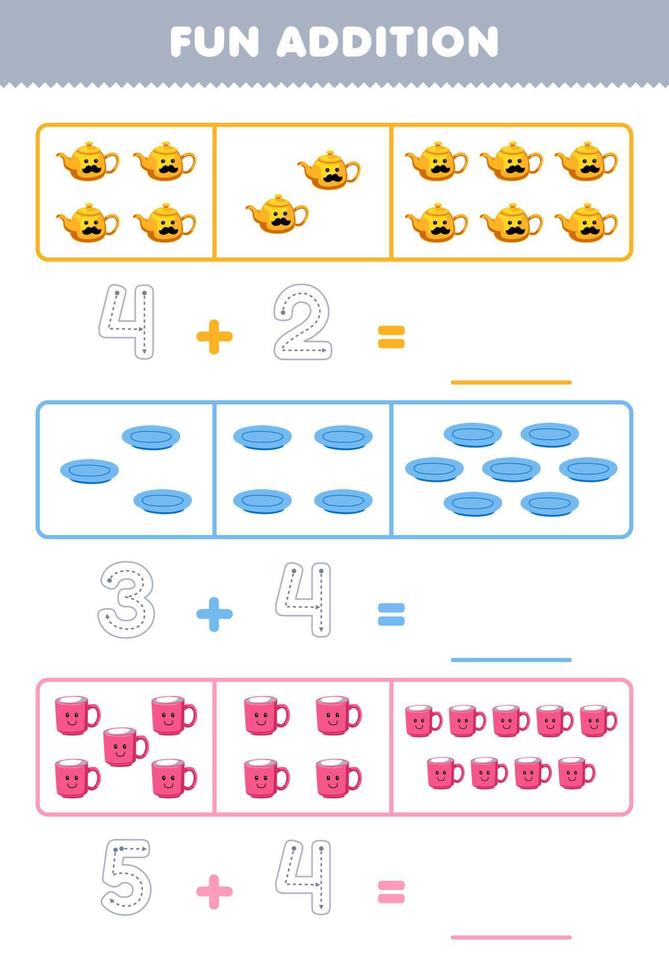 Education game for children fun addition by counting and tracing the number of cute cartoon teapot plate mug printable tool worksheet vector