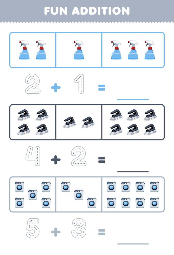Education game for children fun addition by counting and tracing the number of cute cartoon sprayer iron washing machine printable tool worksheet vector