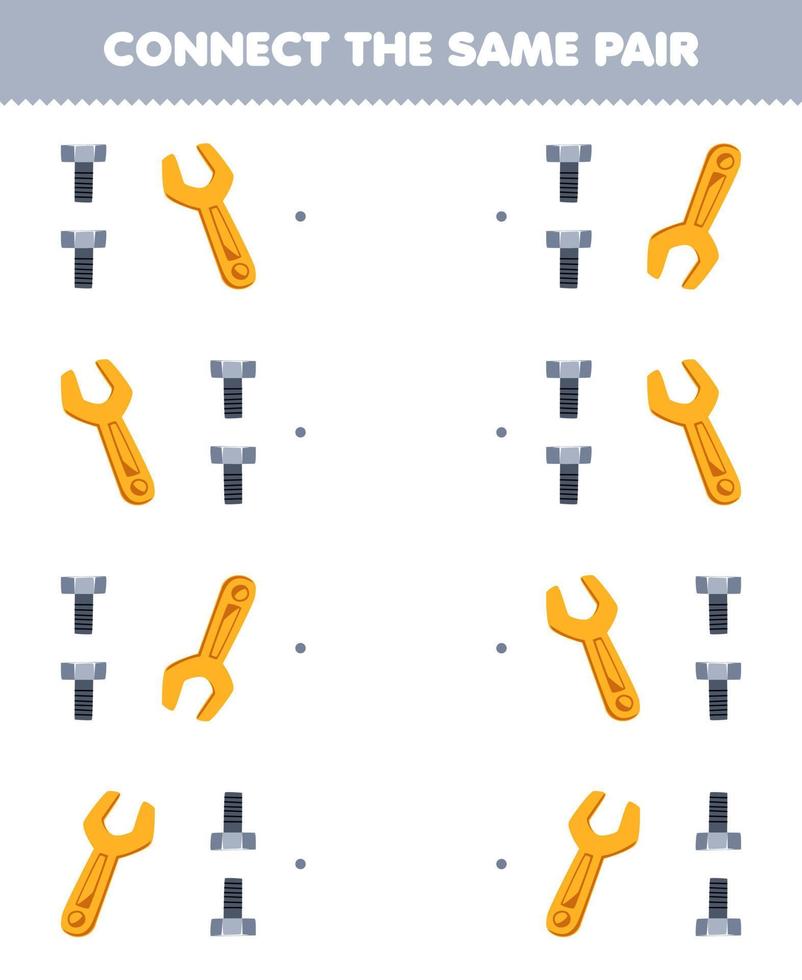 Education game for children connect the same picture of cute cartoon bolt and wrench pair printable tool worksheet vector