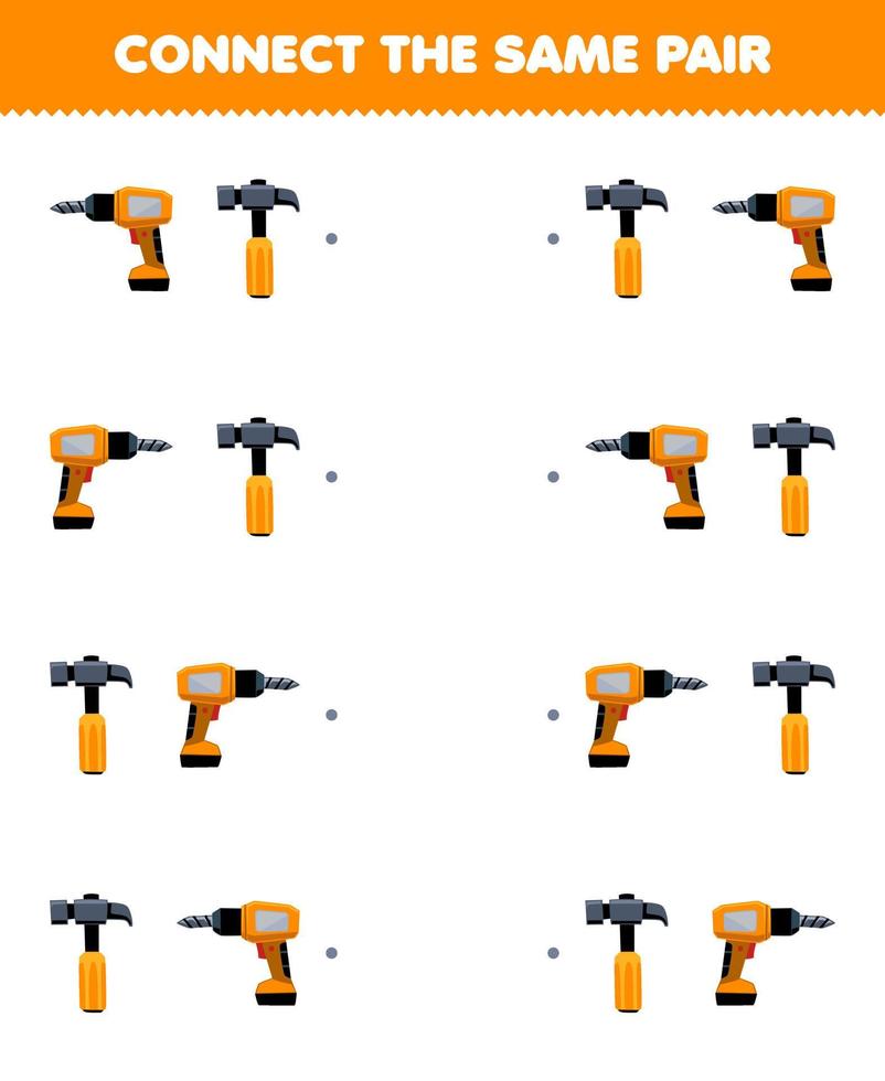 Education game for children connect the same picture of cute cartoon hammer and drill pair printable tool worksheet vector