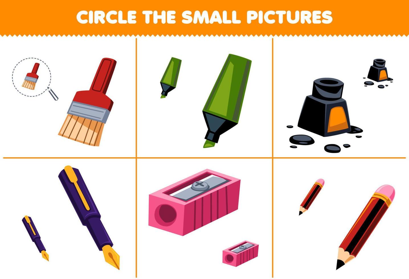Education game for children circle the small picture of cute cartoon brush marker ink pen sharpener pencil printable tool worksheet vector