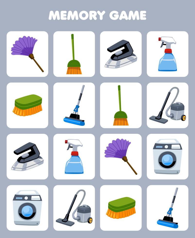 Education game for children memory to find similar pictures of cute cartoon duster broom iron sprayer brush mop vacuum cleaner printable tool worksheet vector