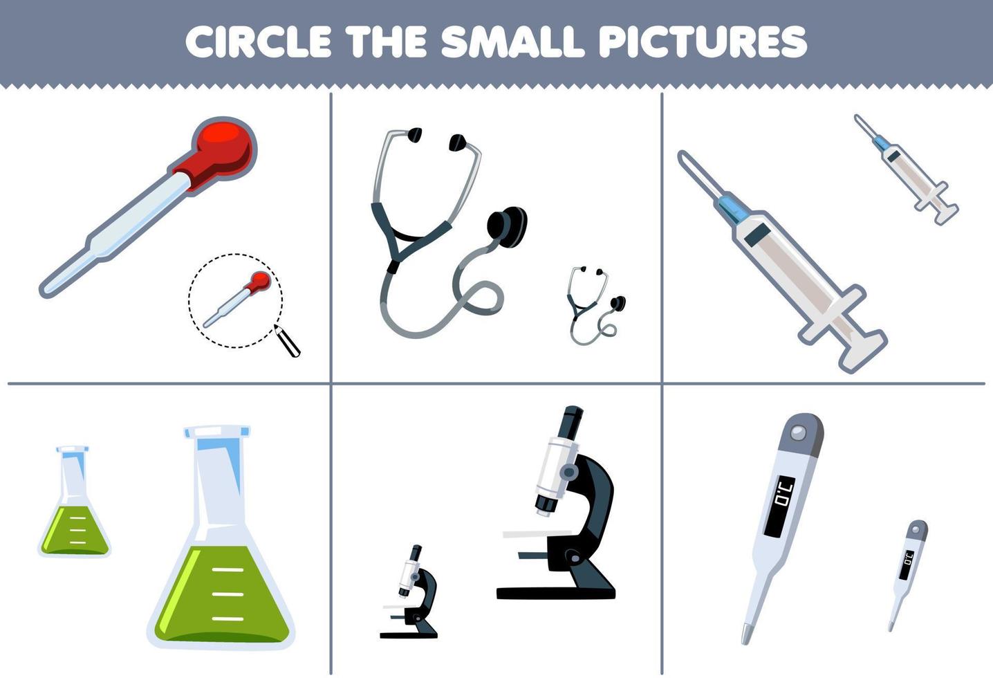 Education game for children circle the small picture of cute cartoon dropper stethoscope syringe beaker microscope thermometer printable tool worksheet vector