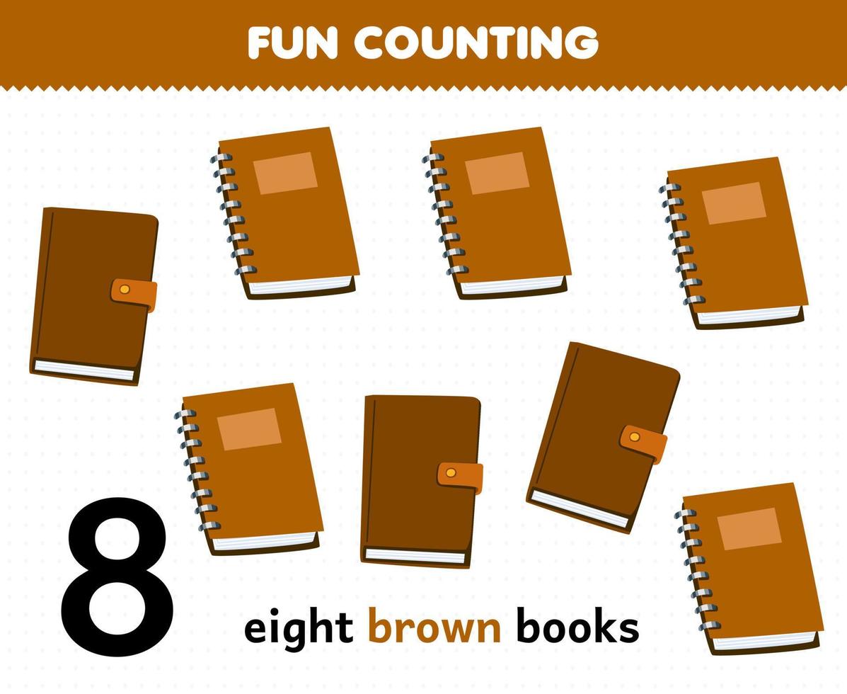 Education game for children fun counting eight brown books printable tool worksheet vector