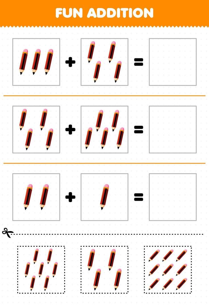 educación juego para niños divertido adición por cortar y partido de linda dibujos animados lápiz imágenes para imprimible herramienta hoja de cálculo vector