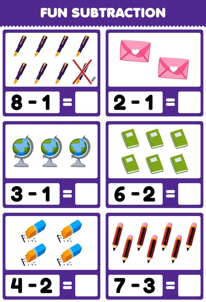 Education game for children fun subtraction by counting and eliminating cute cartoon pen envelope globe book eraser pencil printable tool worksheet vector