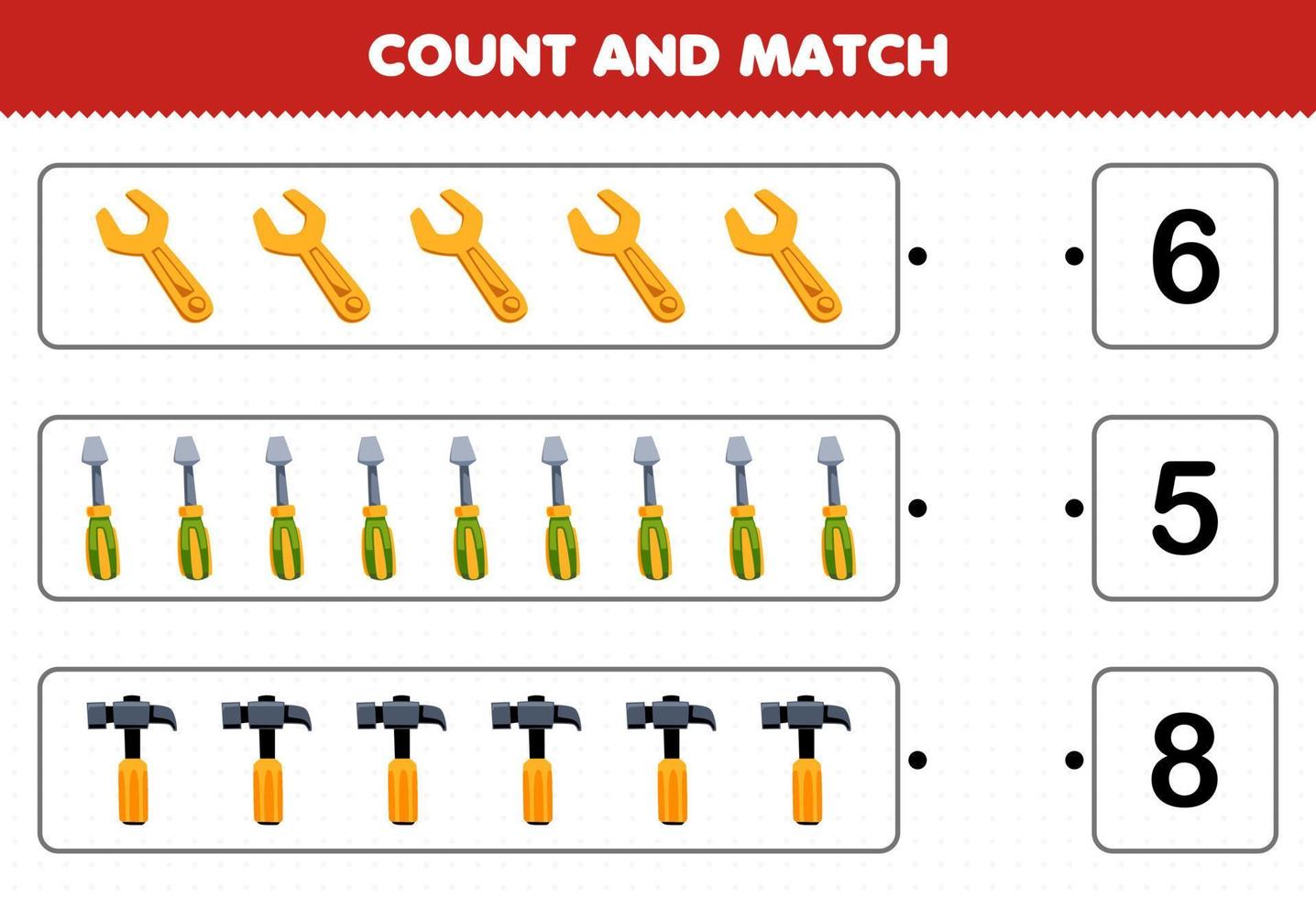 Education game for children count the number of cute cartoon wrench screwdriver hammer and match with the right numbers printable tool worksheet vector