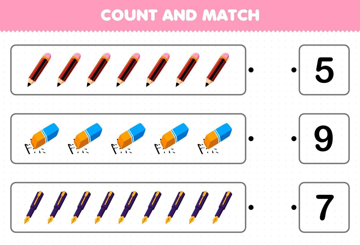 Education game for children count the number of cute cartoon pencil eraser pen and match with the right numbers printable tool worksheet vector
