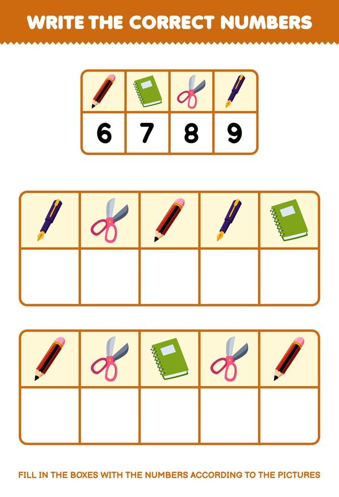 Education game for children write the right numbers in the box according to the cute pencil book scissor pen pictures on the table printable tool worksheet vector