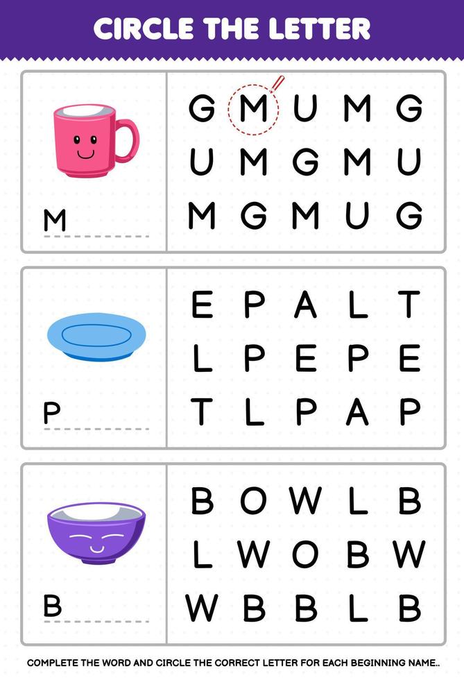 Education game for children circle the beginning letter from cute cartoon mug plate bowl printable tool worksheet vector