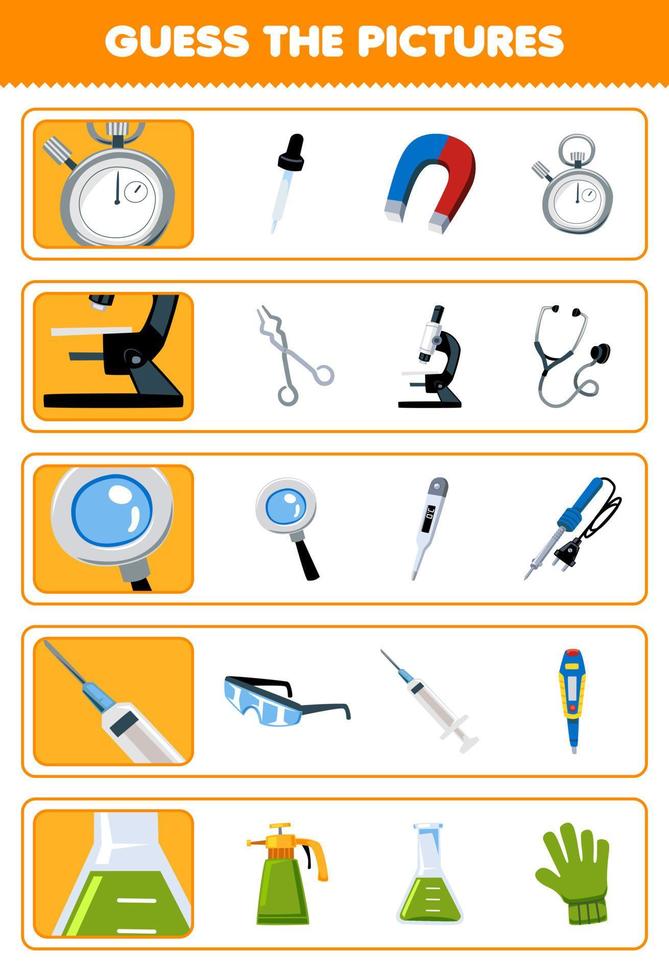 Education game for children guess the correct pictures of cute cartoon stopwatch microscope magnifier syringe beaker printable tool worksheet vector