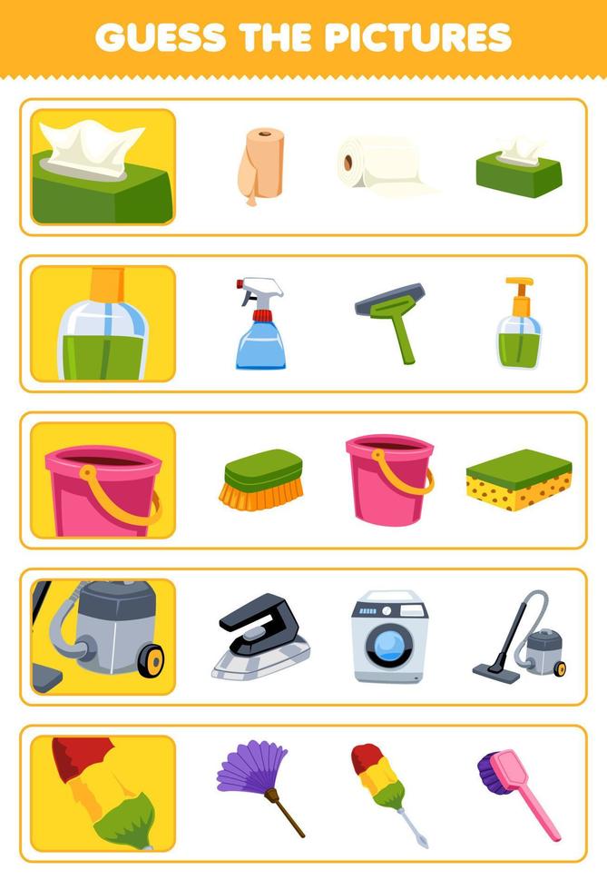 Education game for children guess the correct pictures of cute cartoon tissue liquid soap bucket vacuum cleaner duster printable tool worksheet vector