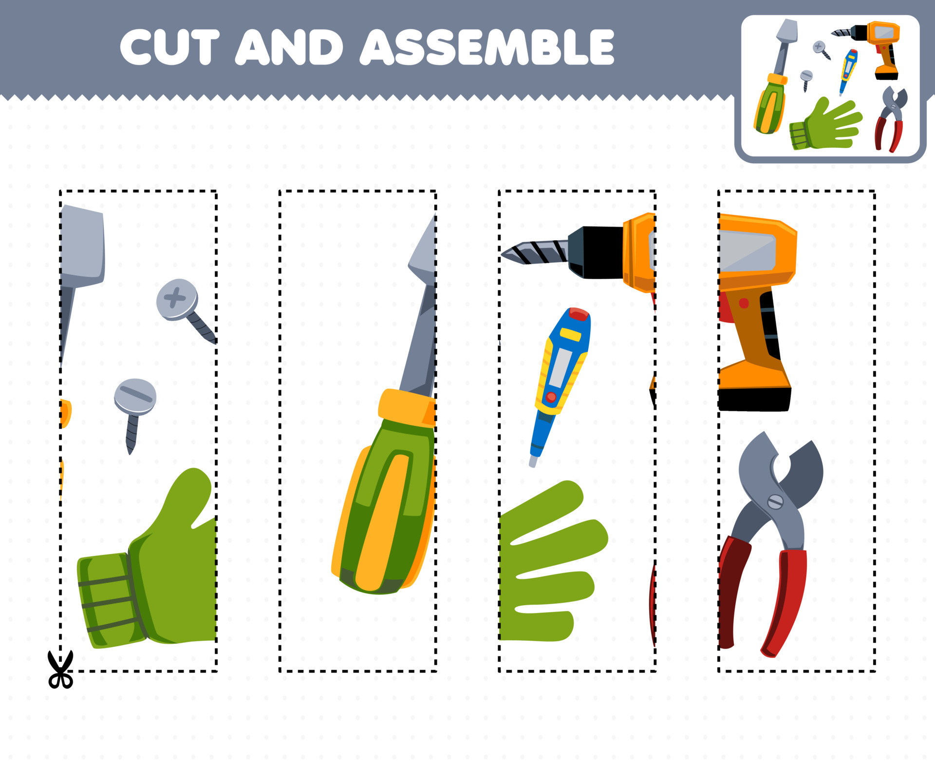 Education game for children cutting practice and assemble puzzle with