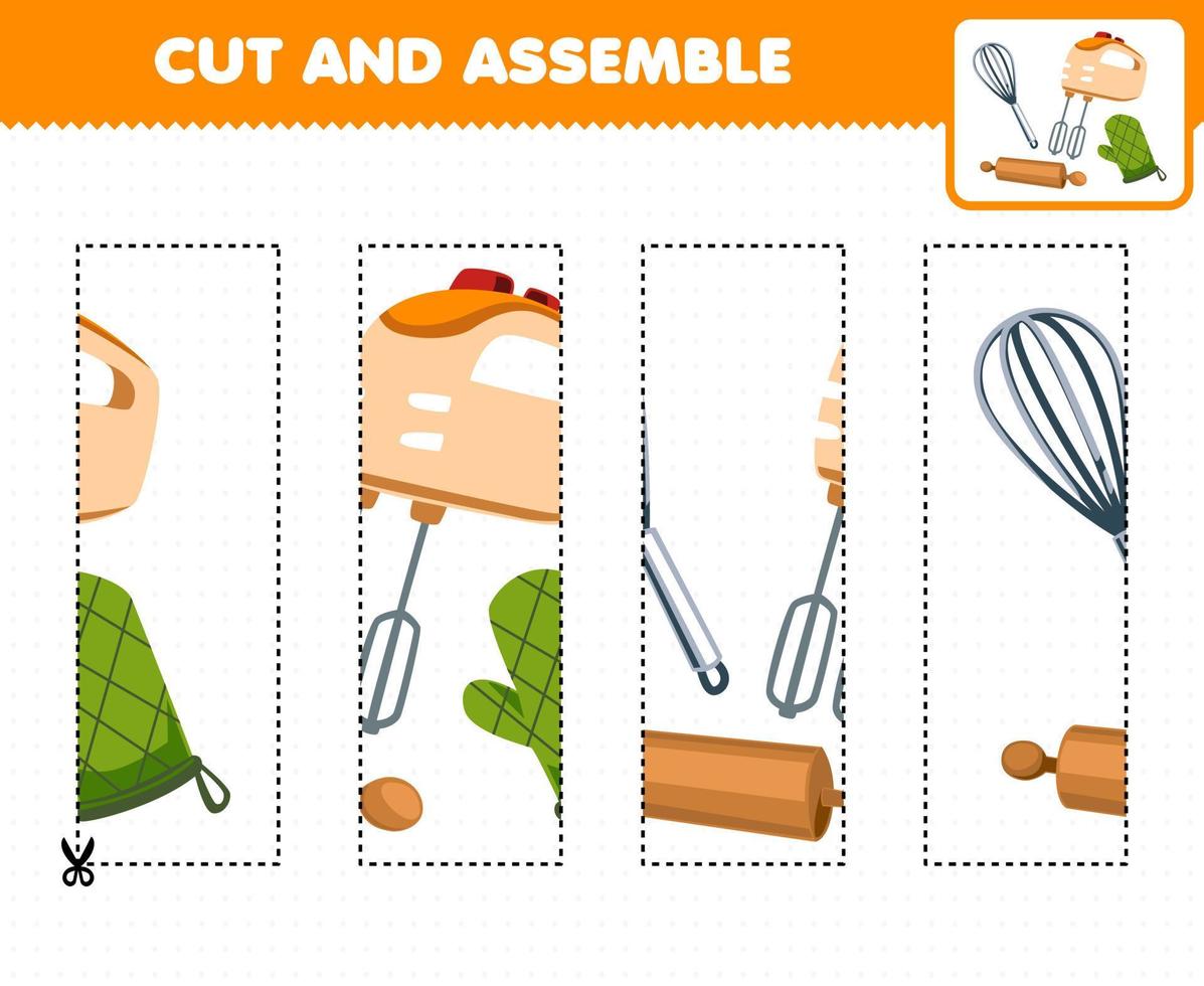 Education game for children cutting practice and assemble puzzle with cute cartoon mixer whisk oven glove and rolling pin printable tool worksheet vector