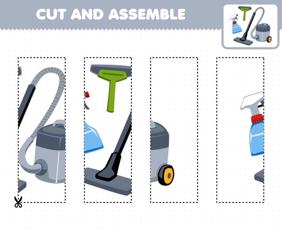 Education game for children cutting practice and assemble puzzle with cute cartoon sprayer squeegee and vacuum cleaner printable tool worksheet vector