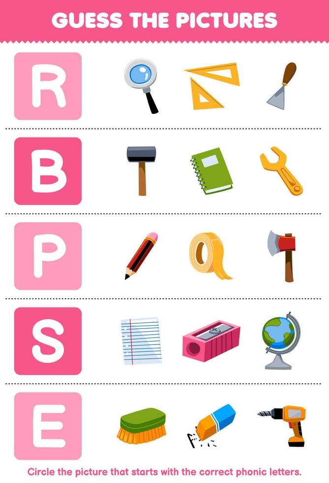 Education game for children guess the correct picture for phonic word that starts with letter R B P S and E printable tool worksheet vector