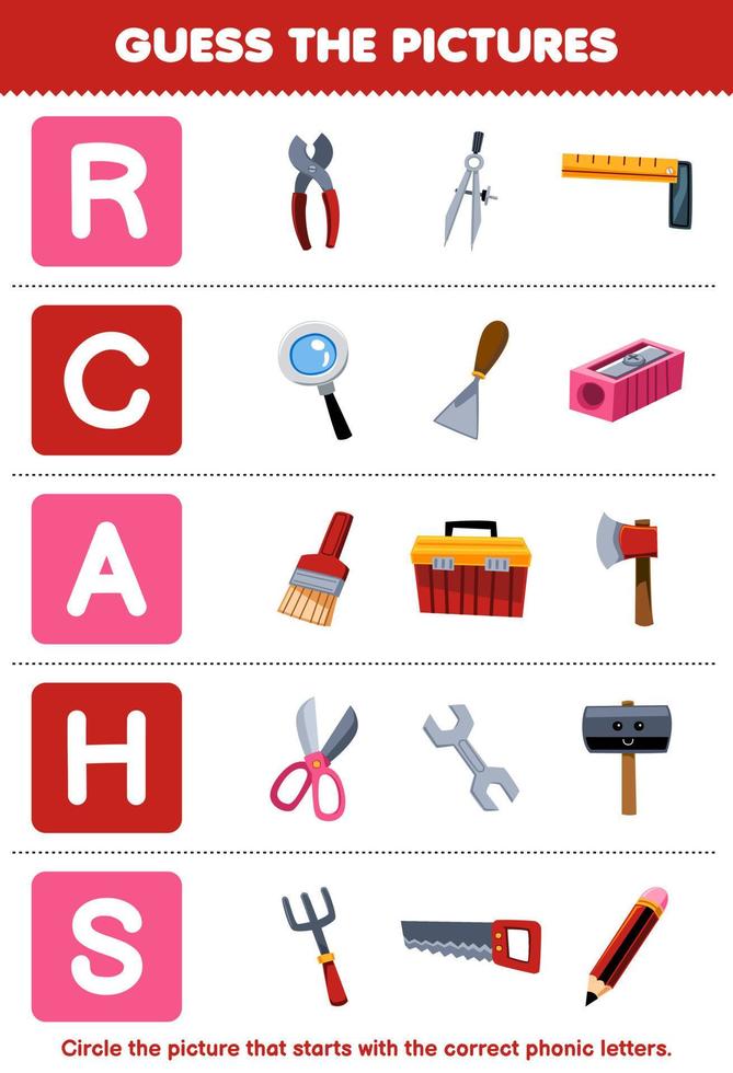 Education game for children guess the correct picture for phonic word that starts with letter R C A H and S printable tool worksheet vector