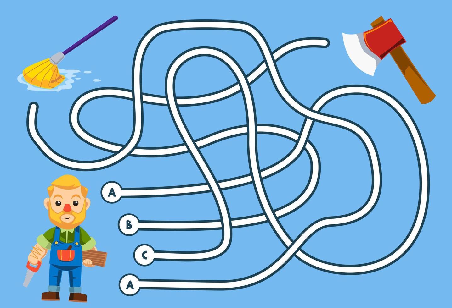 Maze puzzle game for children with cute cartoon carpenter mop and axe printable tool worksheet vector