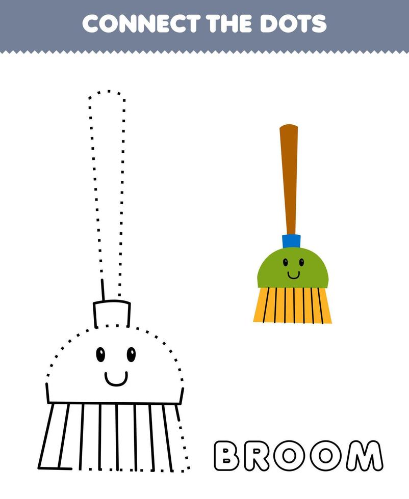 Education game for children connect the dots and coloring practice with cute cartoon broom picture printable tool worksheet vector