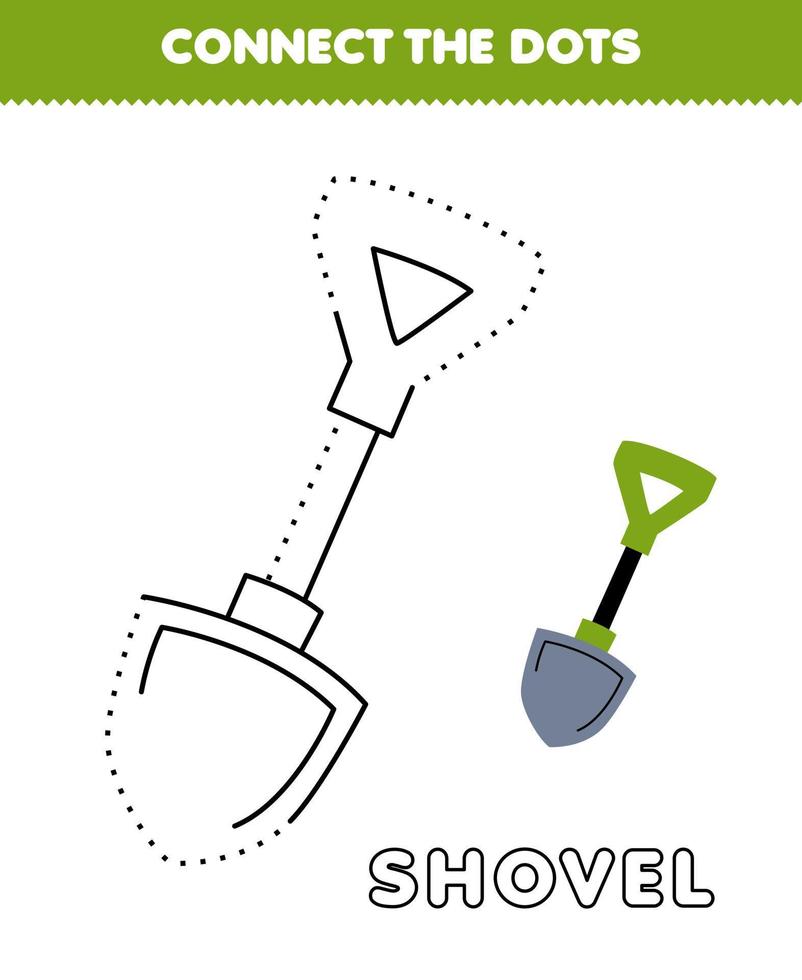 Education game for children connect the dots and coloring practice with cute cartoon shovel picture printable tool worksheet vector