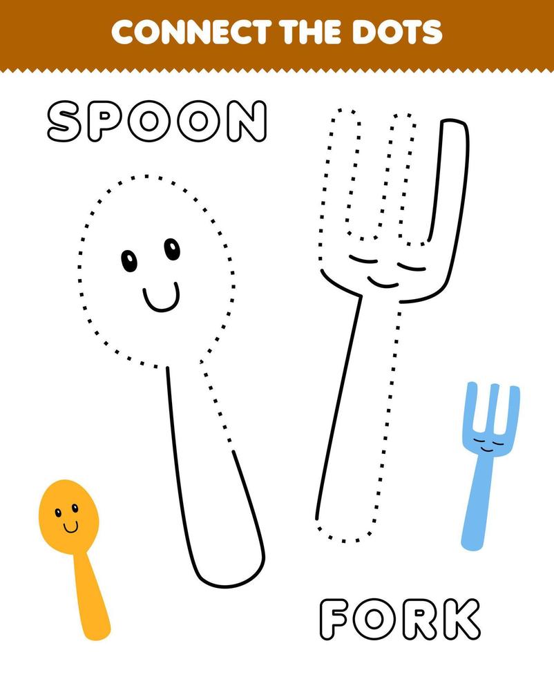 Education game for children connect the dots and coloring practice with cute cartoon spoon and fork picture printable tool worksheet vector