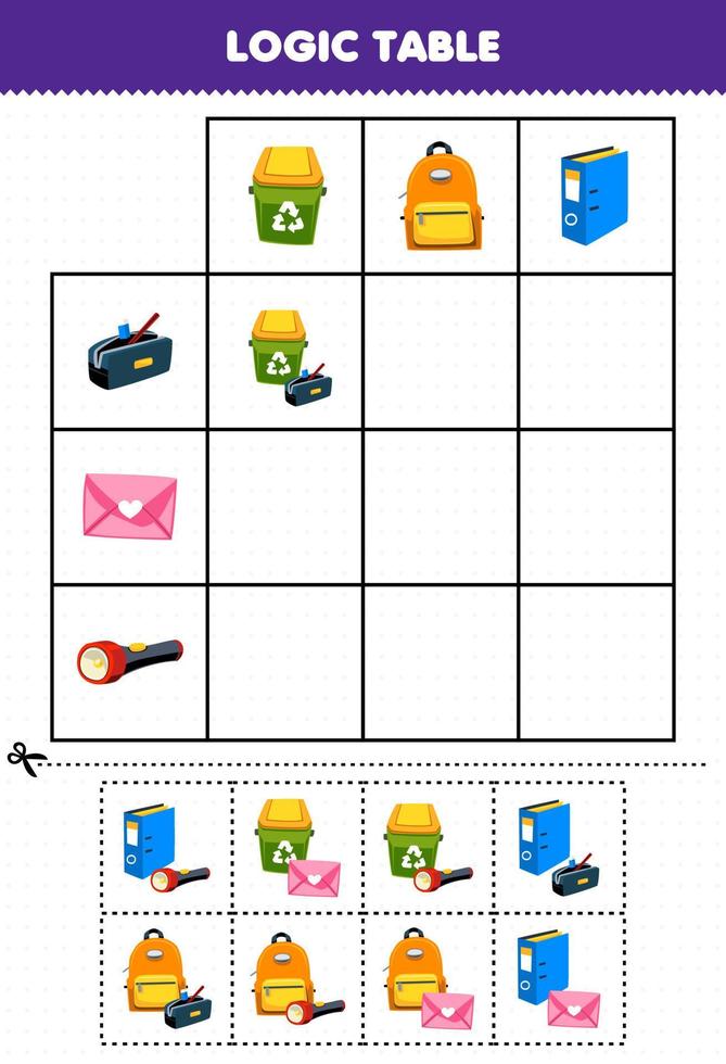 Education game for children logic table cartoon bin bag and folder match with correct pencil case envelope or flashlight printable tool worksheet vector