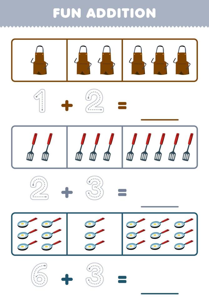 Education game for children fun addition by counting and tracing the number of cute cartoon apron spatula frying pan printable tool worksheet vector