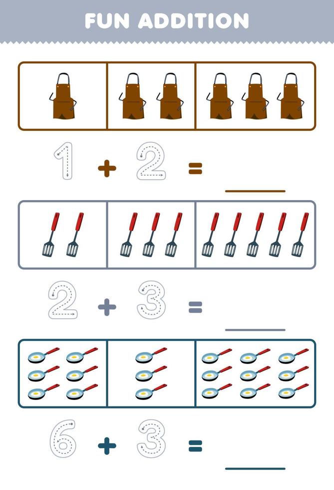 educación juego para niños divertido adición por contando y rastreo el número de linda dibujos animados delantal espátula fritura pan imprimible herramienta hoja de cálculo vector