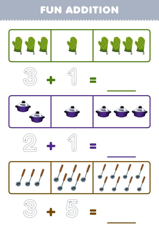 Education game for children fun addition by counting and tracing the number of cute cartoon oven glove pot ladle printable tool worksheet vector