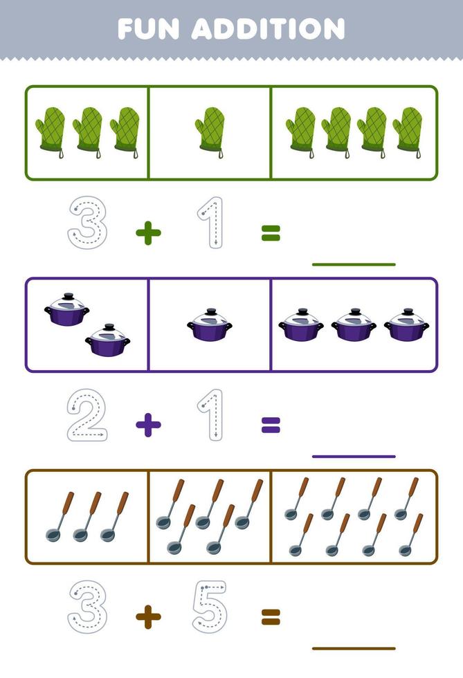 educación juego para niños divertido adición por contando y rastreo el número de linda dibujos animados horno guante maceta cucharón imprimible herramienta hoja de cálculo vector