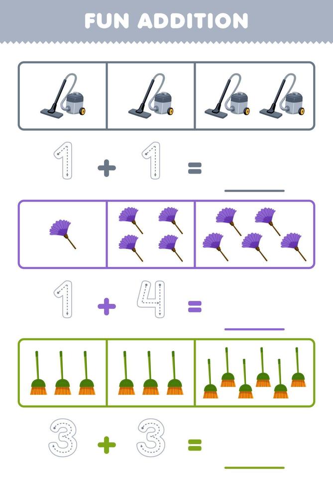 Education game for children fun addition by counting and tracing the number of cute cartoon vacuum cleaner duster broom printable tool worksheet vector
