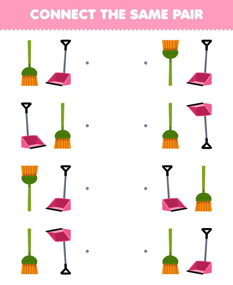 Education game for children connect the same picture of cute cartoon broom and dust pan pair printable tool worksheet vector