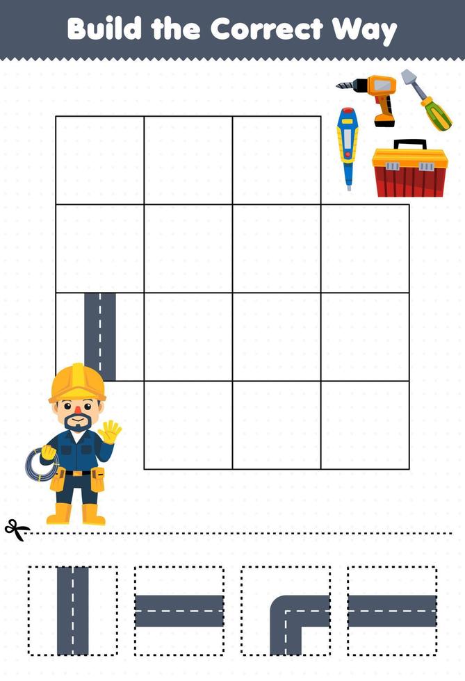 Education game for children build the correct way help cute cartoon electrician move to screwdriver drill toolbox printable tool worksheet vector